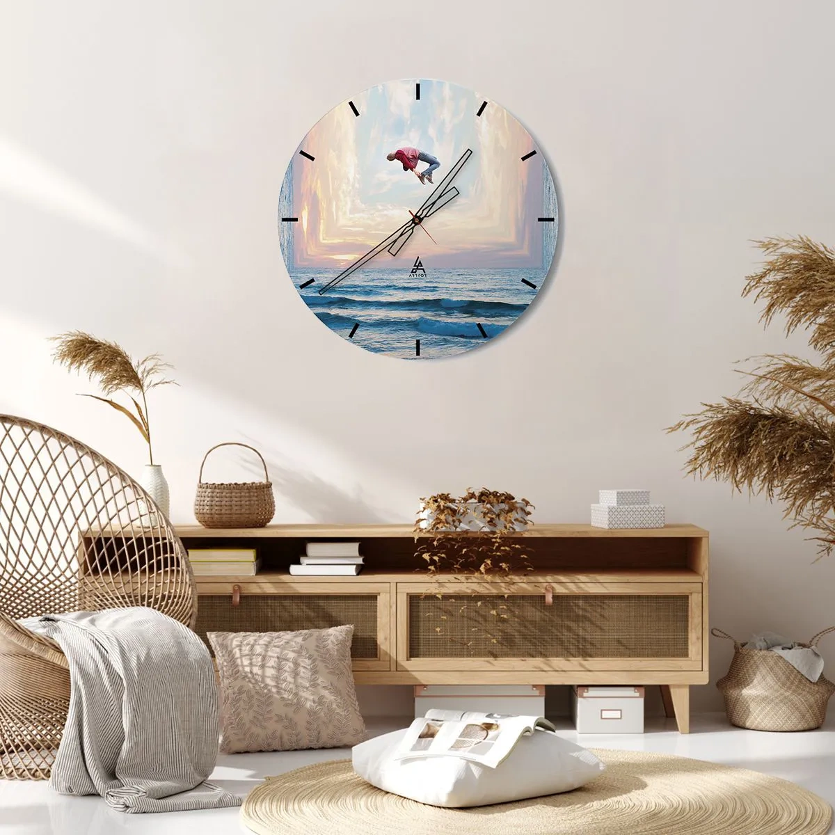 Väggklocka - Klocka på glas - En hoppande figur vid havet i ett surrealistiskt landskap - 30x30cm - Till en annan dimension - Modern väggdekoration för vardagsrum, kök och sovrum ARTTOR
