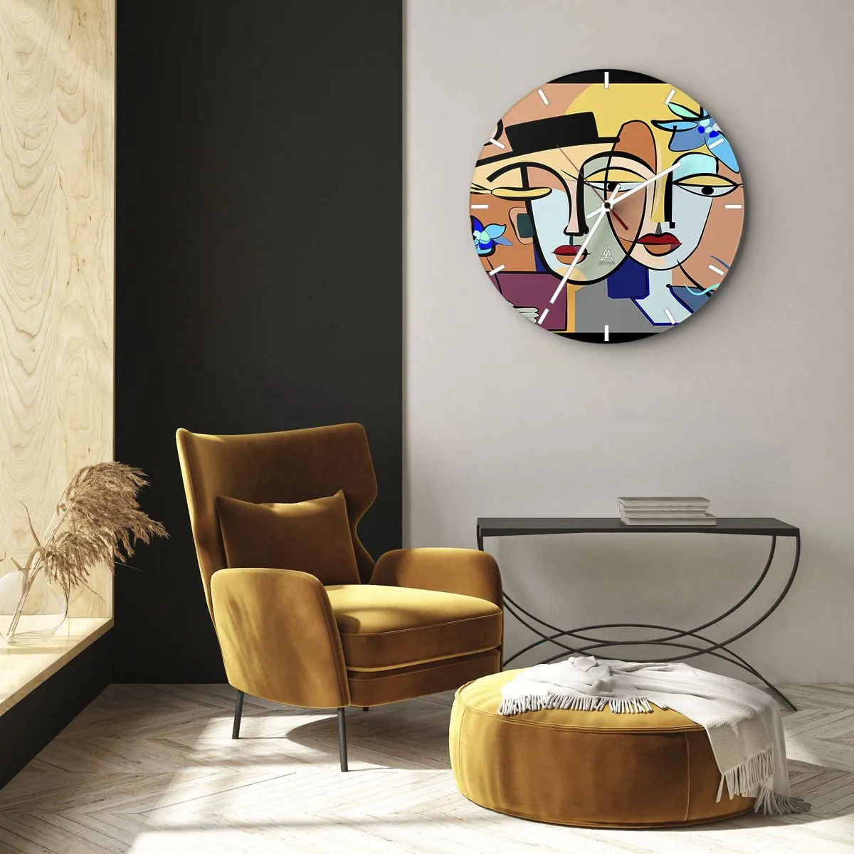 Väggklocka - Klocka på glas - Färgglada ansikten i kubistisk stil med blommiga inslag - 30x30cm - Picassos randez vous - Modern väggdekoration för vardagsrum, kök och sovrum ARTTOR