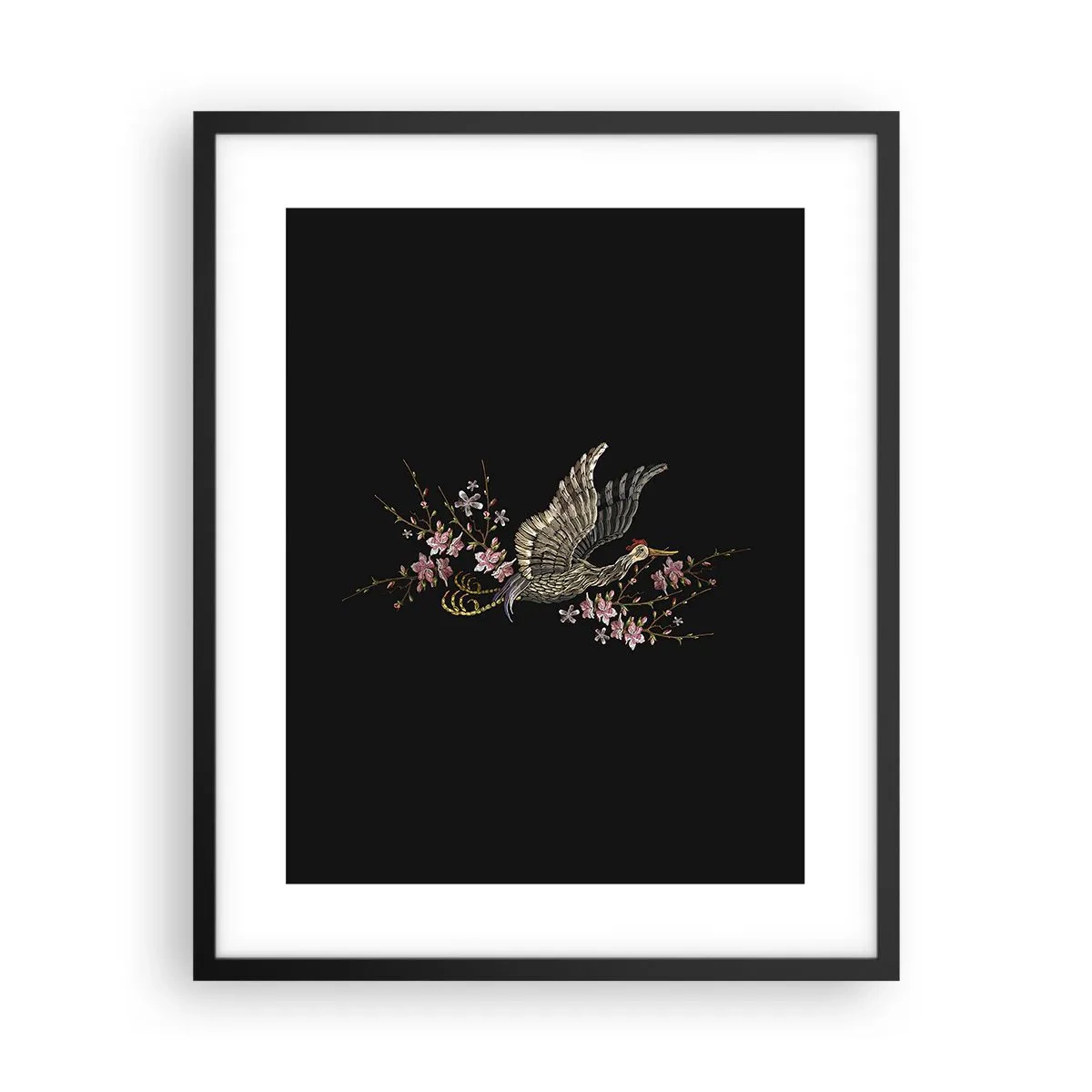 Affisch i svart ram - Exotisk, broderad fågel - 40x50 cm