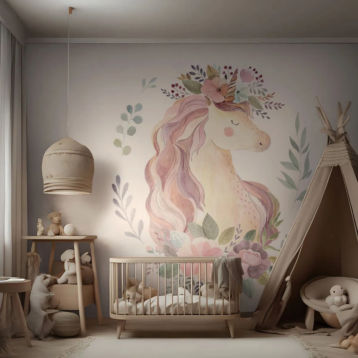 Fototapet Standard Eco - Pastellfärgad enhörning bland blommor och blad - 100x70cm - En inbjudan till sagornas värld - Modern väggdekoration för vardagsrum och sovrum ARTTOR