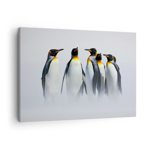 Canvastavla - Bild på duk - En grupp kejsarpingviner i vinterdimman - 70x50cm - En träff i kvällsdräkter - Modern väggdekoration för vardagsrum och sovrum ARTTOR