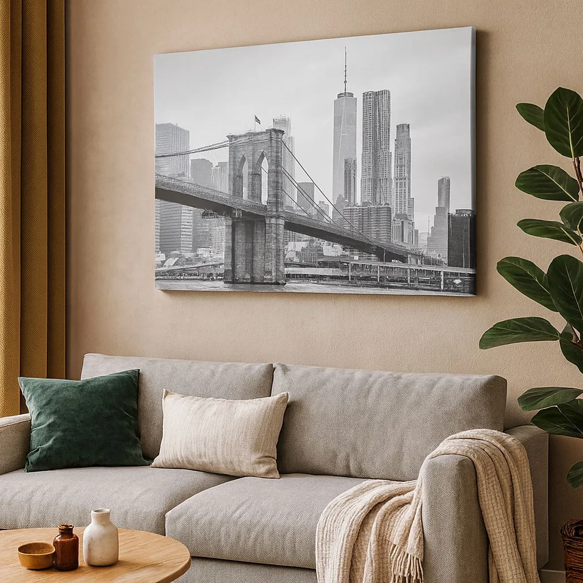 Canvastavla - Bild på duk - Brooklynbron med New Yorks skyskrapor i bakgrunden - 70x50cm - New York stämning - Modern väggdekoration för vardagsrum och sovrum ARTTOR
