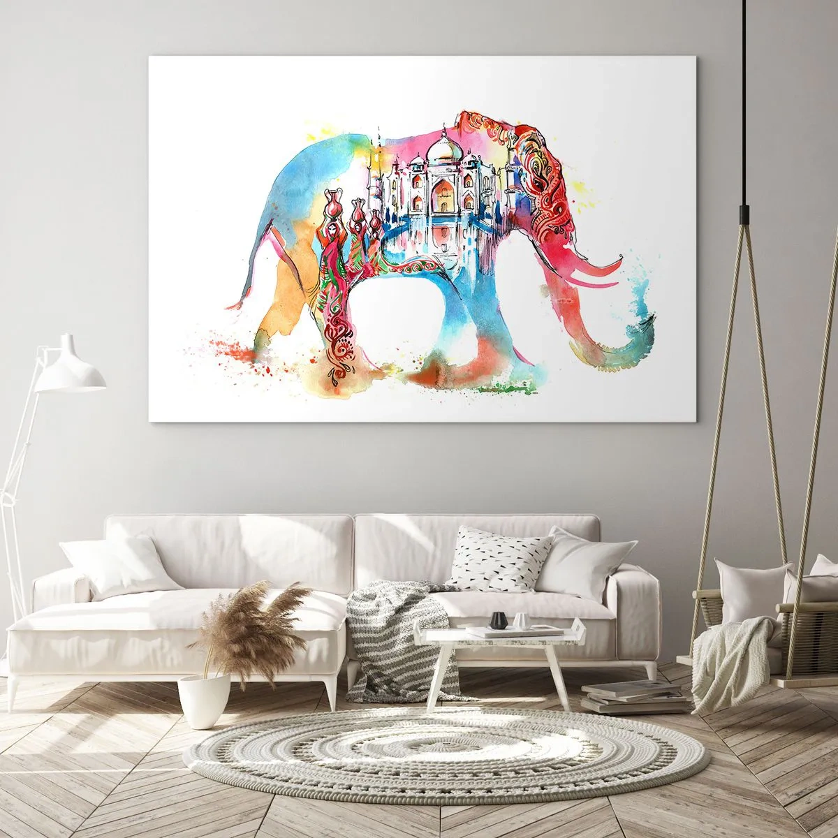 Glastavla - Bild på glas - Färgglad akvarellmålning av en elefant med ett indiskt motiv - 70x50cm - Indien - kärlekens aura - Modern väggdekoration för vardagsrum och sovrum ARTTOR