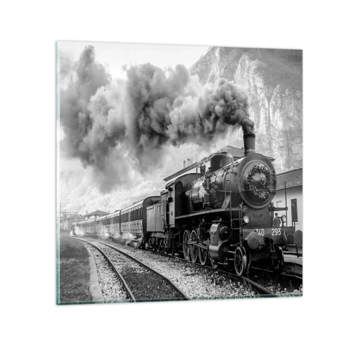 Glastavla - Bild på glas - Det står ett lok på stationen... - 70x70 cm