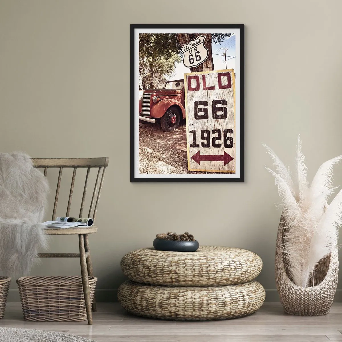 Affisch i svart ram - Veteranbil vid Route 66-skylten - 50x70cm - Amerikanska provinsens legend - Modern väggdekoration för vardagsrum och sovrum ARTTOR