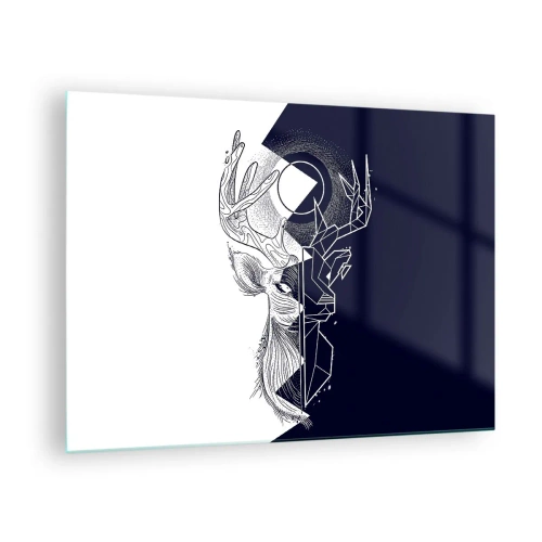Glastavla - Bild på glas - Geometrisk teckning av en hjort på svartvit bakgrund - 70x50cm - Motsatsernas kamp och gemenskap - Modern väggdekoration för vardagsrum och sovrum ARTTOR