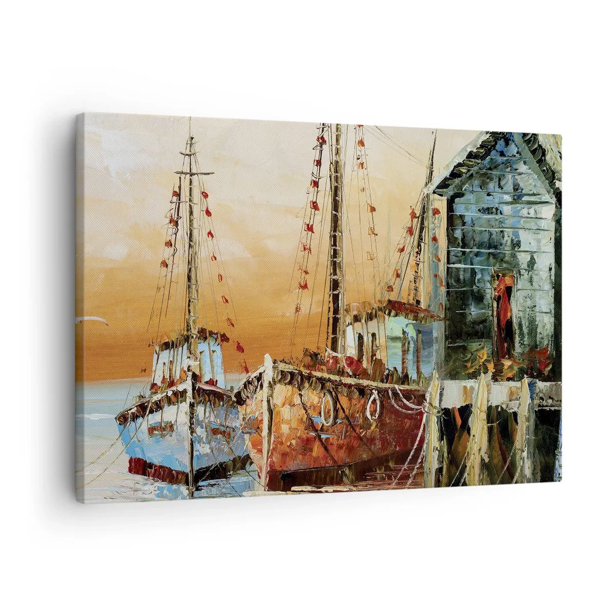 Canvastavla - Bild på duk - Båtar på stranden i solnedgångens varma ljus - 70x50cm - Lugn hemresa - Modern väggdekoration för vardagsrum och sovrum ARTTOR