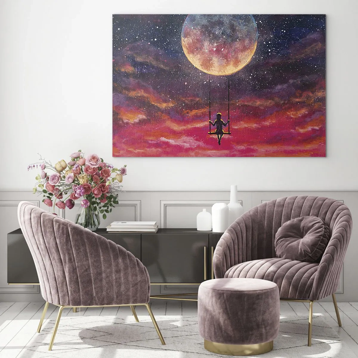 Glastavla - Bild på glas - En flicka på en gunga svävande under månen - 70x50cm - Sväva i molnen - Modern väggdekoration för vardagsrum och sovrum ARTTOR