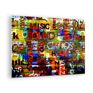 Glastavla - Bild på glas - Färgglada inskriptioner på en konstnärlig mosaikbakgrund - 70x50cm - Ljudets alla färger - Modern väggdekoration för vardagsrum och sovrum ARTTOR