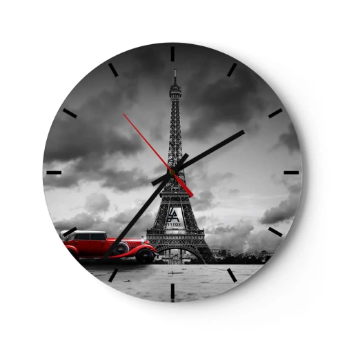 Väggklocka - Klocka på glas - Eiffeltornet med en röd retrobil - 30x30cm - Inte så länge sedan i Paris - Modern väggdekoration för vardagsrum, kök och sovrum ARTTOR