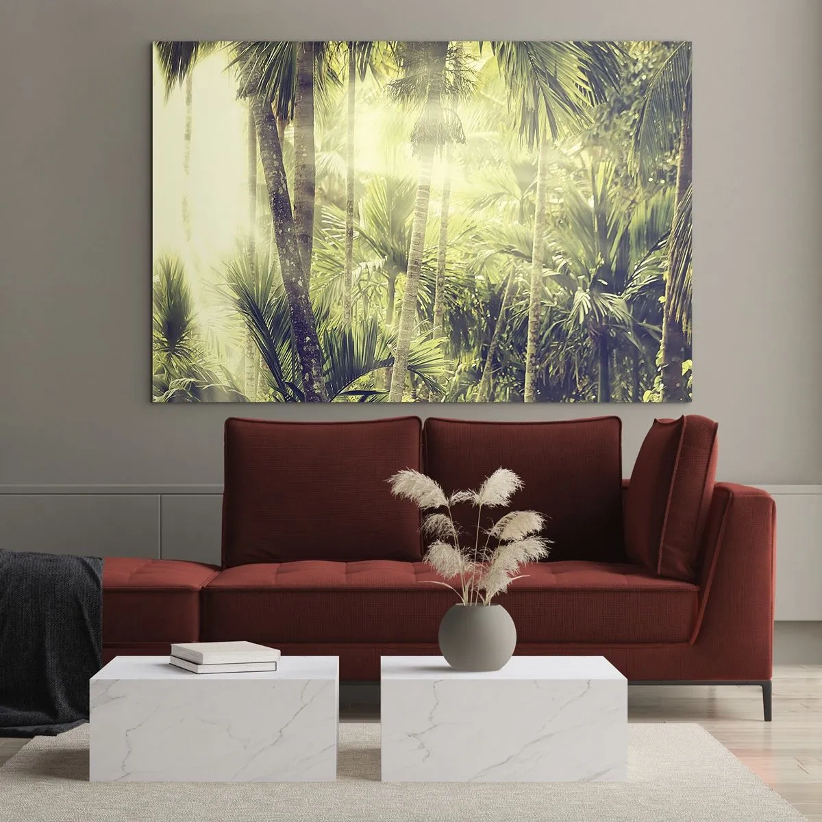 Glastavla - Bild på glas - Grön tropisk djungel i solskenet - 70x50cm - I gröna glöden - Modern väggdekoration för vardagsrum och sovrum ARTTOR