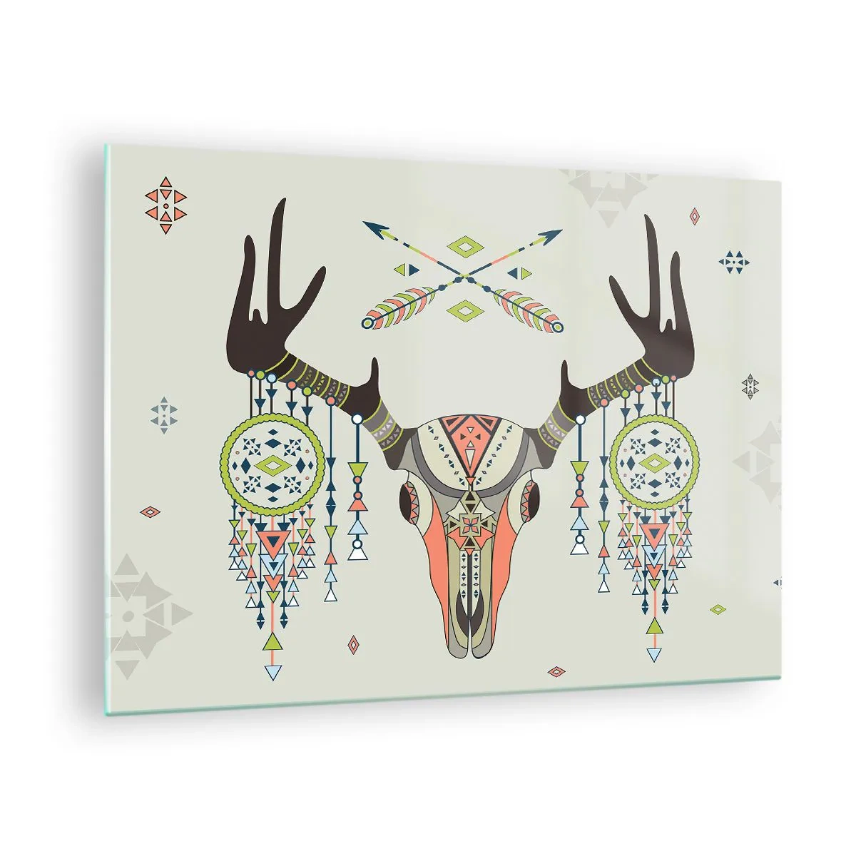 Glastavla - Bild på glas - Symboliska horn och indianmönster på en ljus bakgrund - 70x50cm - Indianjägares trofé - Modern väggdekoration för vardagsrum och sovrum ARTTOR