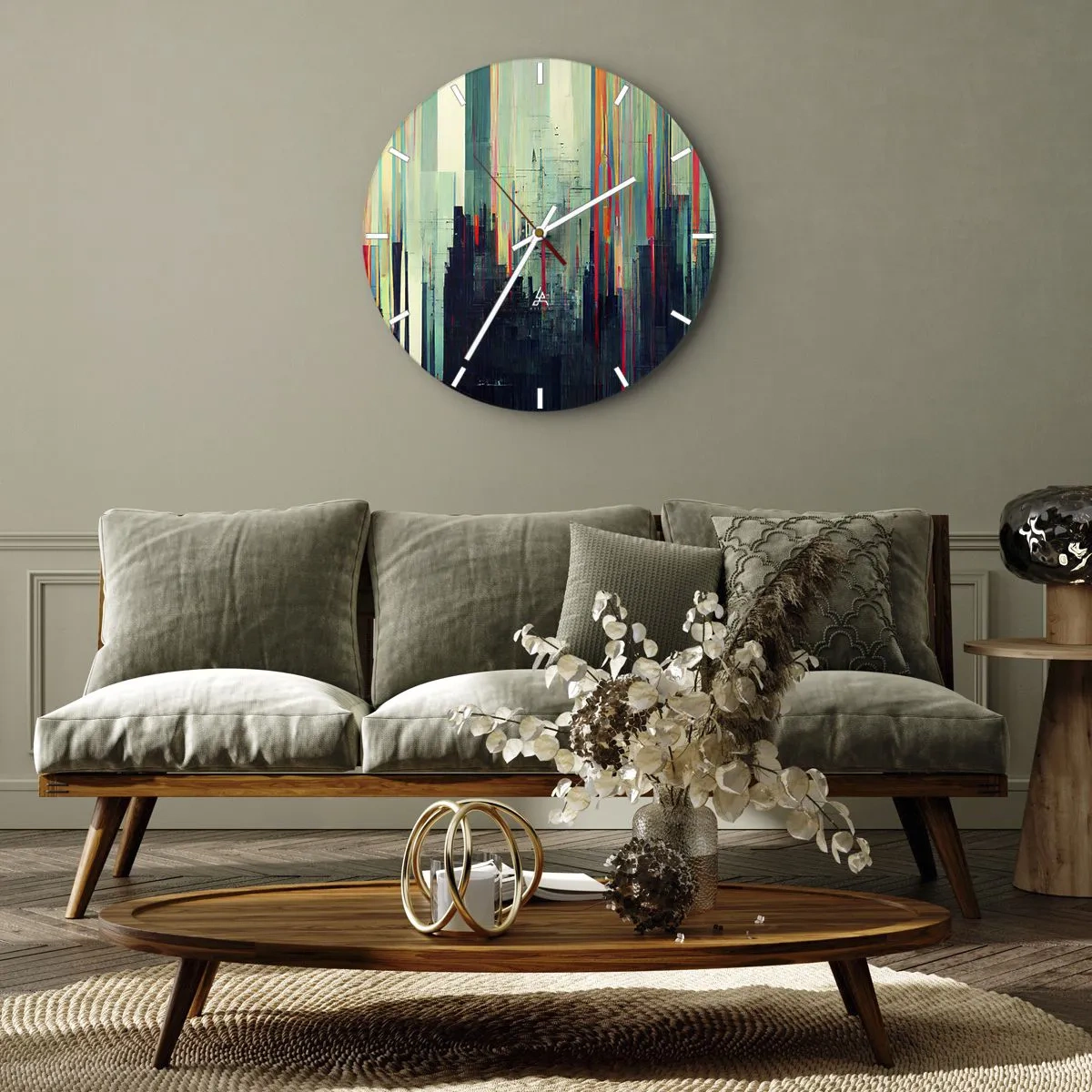 Väggklocka - Klocka på glas - Futuristisk stad - 40x40 cm