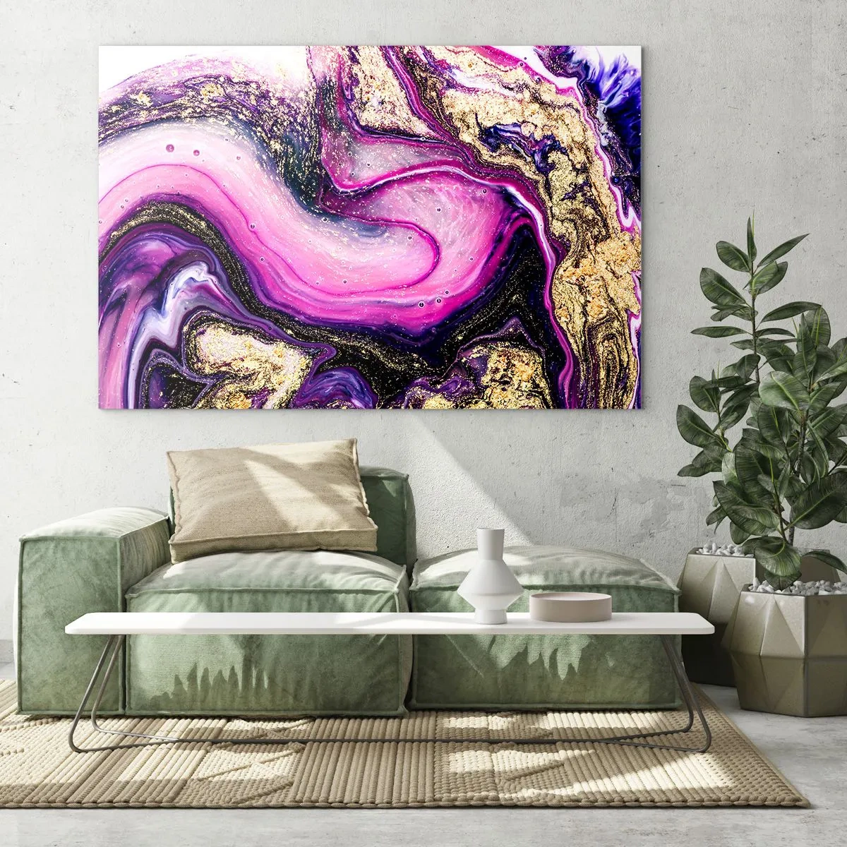 Glastavla - Bild på glas - En abstrakt komposition i nyanser av lila och guld. - 70x50cm - En stund bakom kulisserna - Modern väggdekoration för vardagsrum och sovrum ARTTOR
