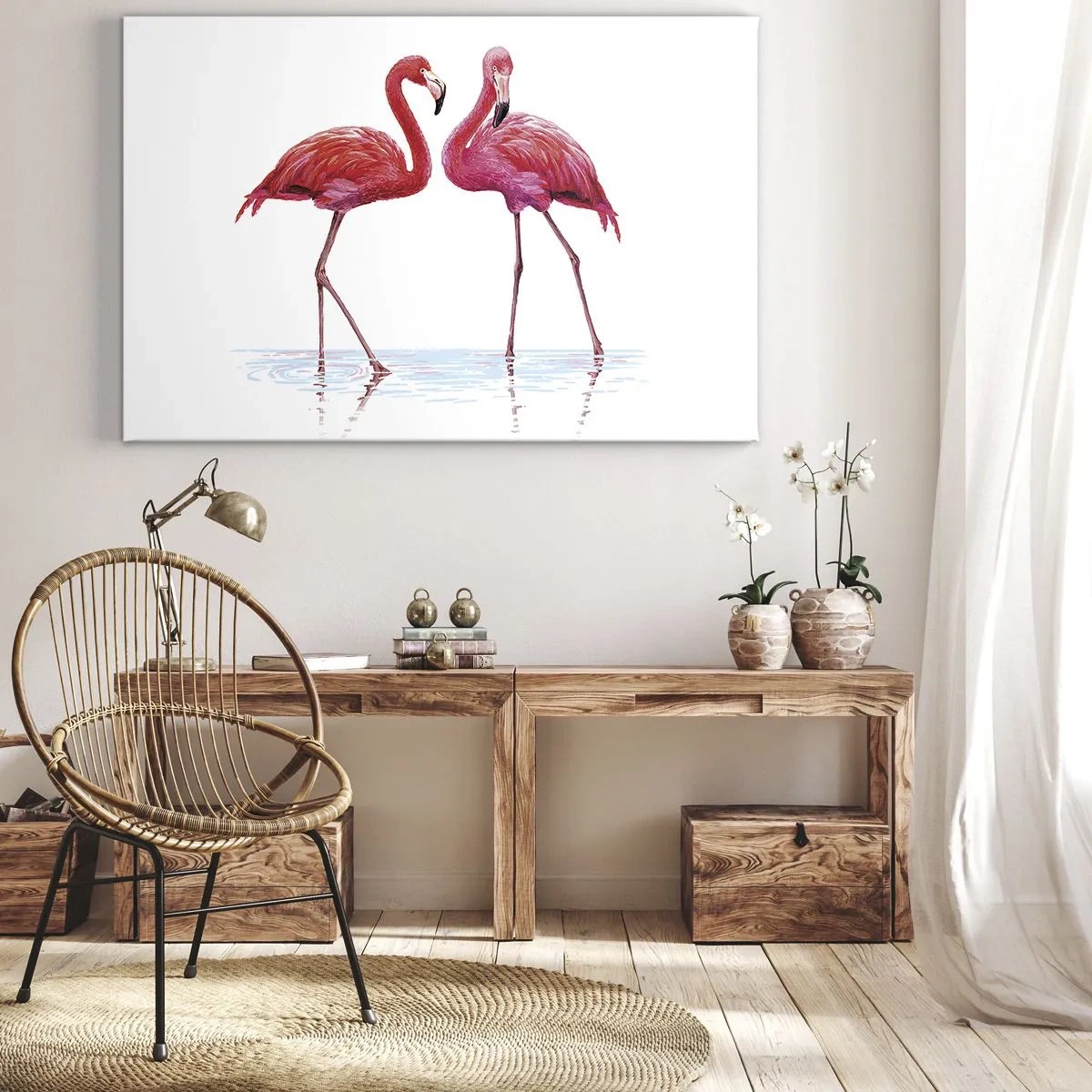 Canvastavla - Bild på duk - Ett par flamingos i vattnet mot en ljus bakgrund - 70x50cm - Rosa rendez-vous - Modern väggdekoration för vardagsrum och sovrum ARTTOR