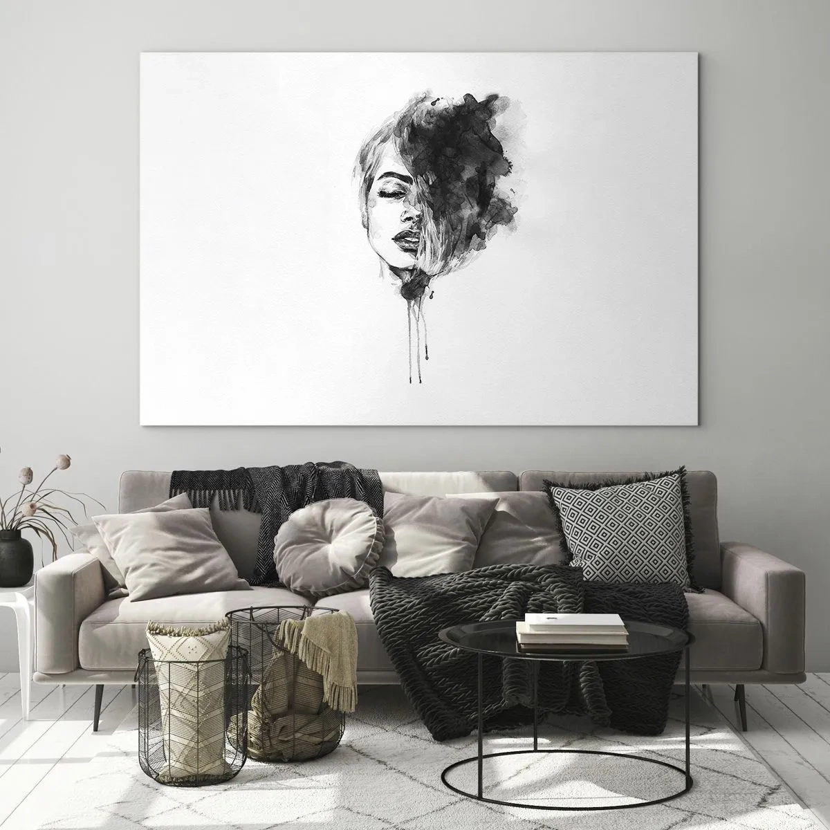 Glastavla - Bild på glas - Svartvitt porträtt av en kvinna med en abstrakt skugga - 70x50cm - Vad flickan drömmer om - Modern väggdekoration för vardagsrum och sovrum ARTTOR
