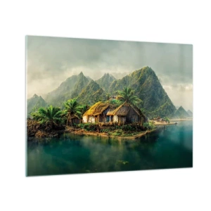 Glastavla - Bild på glas - En tropisk by vid vattnet omgiven av berg och palmer - 70x50cm - Tropiskt paradis - Modern väggdekoration för vardagsrum och sovrum ARTTOR
