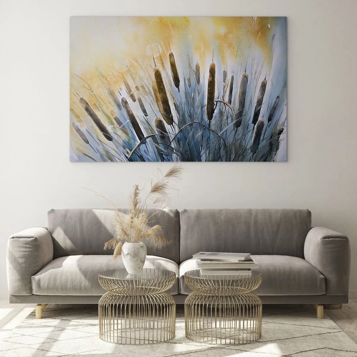 Glastavla - Bild på glas - Målade kaveldun mot en solig himmel - 70x50cm - Vattnets kyla, solens hetta - Modern väggdekoration för vardagsrum och sovrum ARTTOR
