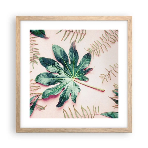 Affisch i ram av ljusek - Grönskans studie mot rosa bakgrund - 40x40 cm