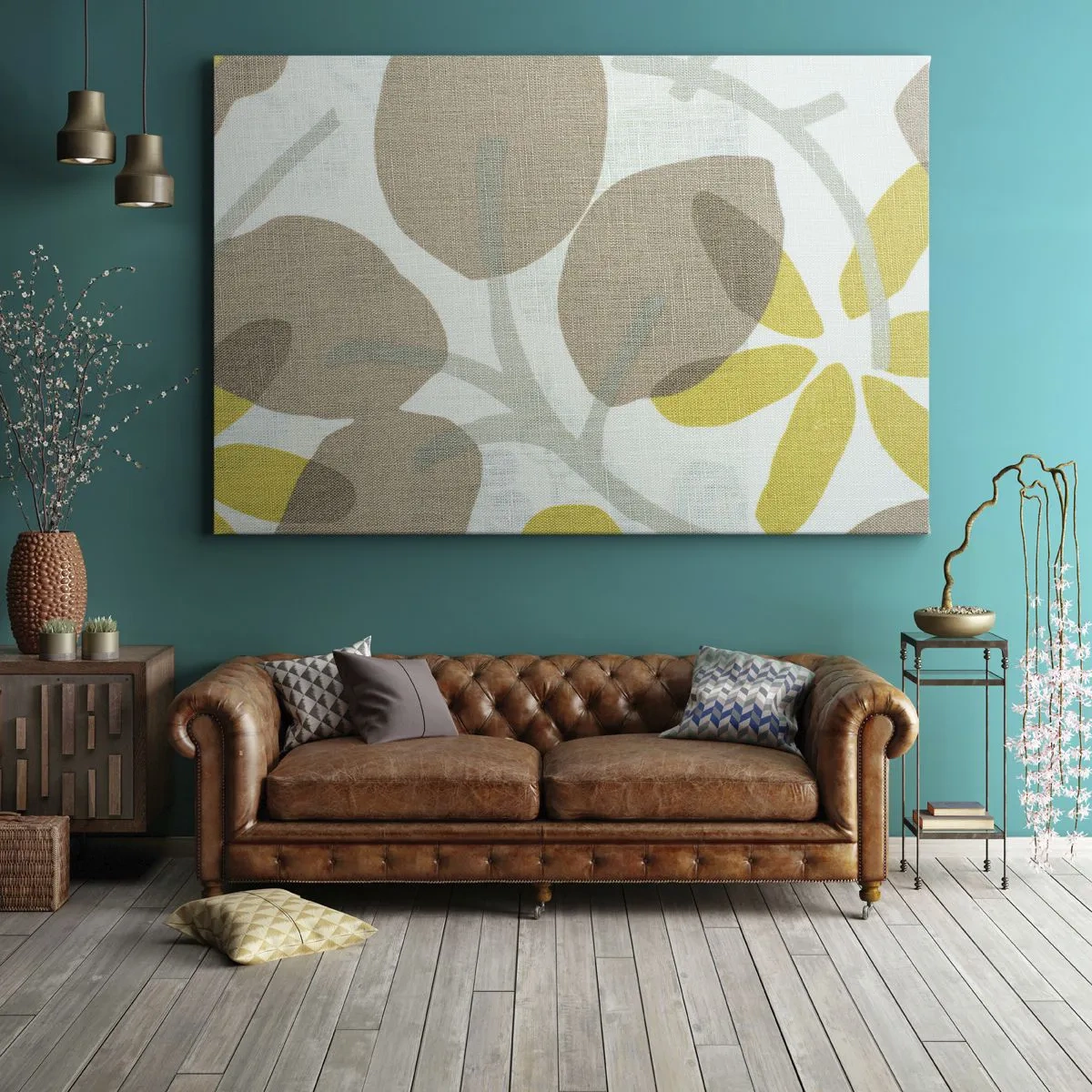 Canvastavla - Bild på duk - Abstrakta löv i nyanser av beige och gult - 70x50cm - Komposition i solskenet - Modern väggdekoration för vardagsrum och sovrum ARTTOR