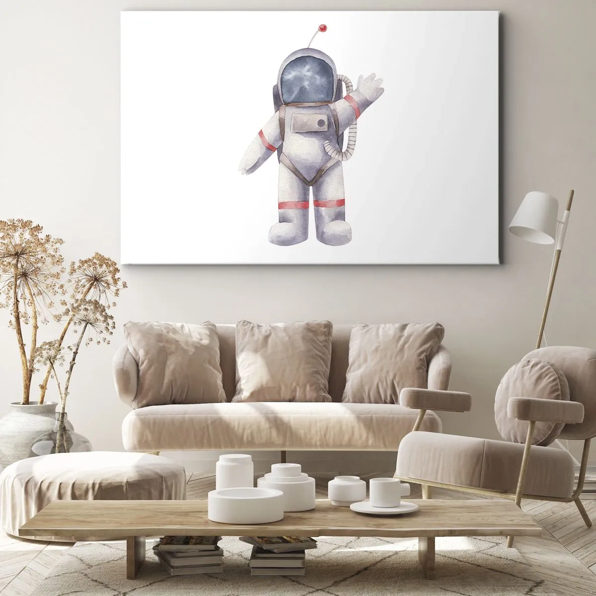 Canvastavla - Bild på duk - Akvarell stil astronaut på en vit bakgrund - 70x50cm - Det var allt för nu! - Modern väggdekoration för vardagsrum och sovrum ARTTOR