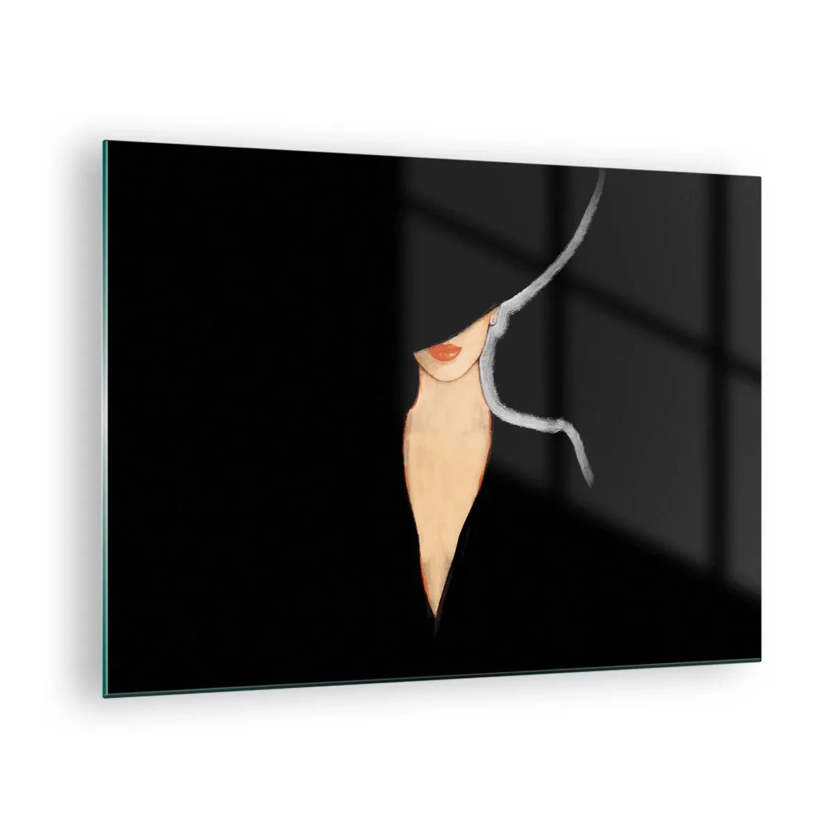 Glastavla - Bild på glas - Ett subtilt porträtt av en kvinna mot en svart bakgrund - 70x50cm - Elegans och stil - Modern väggdekoration för vardagsrum och sovrum ARTTOR
