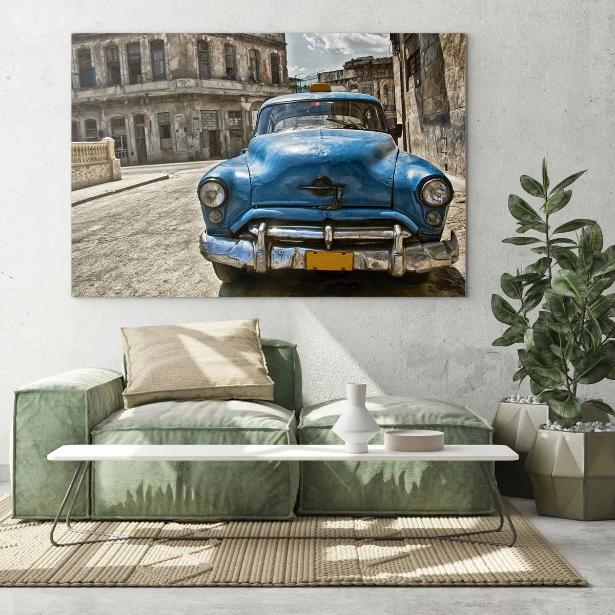 Glastavla - Bild på glas - Kubansk klassisk bil på gatorna i Havanna - 70x50cm - Gammalt är vackert - Modern väggdekoration för vardagsrum och sovrum ARTTOR