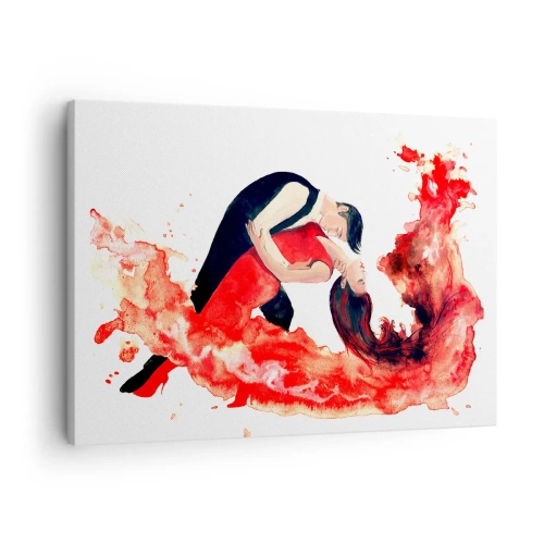 Canvastavla - Bild på duk - En dynamisk akvarellmålning av ett dansande par i röda färger. - 70x50cm - Tango - den sensuella vågen - Modern väggdekoration för vardagsrum och sovrum ARTTOR