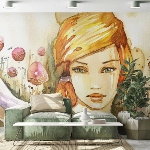 Fototapet Premium Canvas - Smaragdblick som tystar ner ilska - Kvinna, Äng, Mode - 100x70 cm