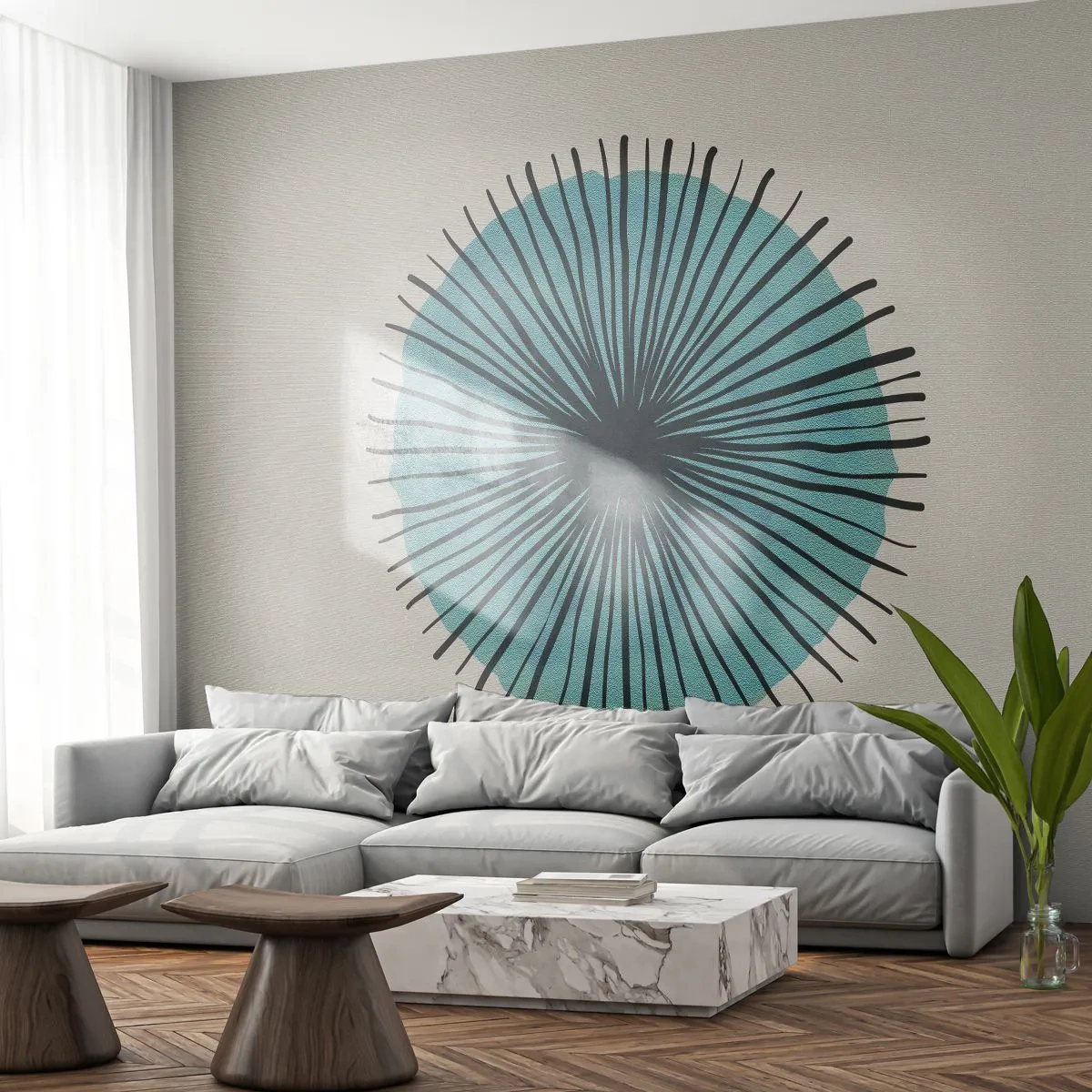 Självhäftande Fototapet Deluxe Sticker - Radier mot blått - Abstraktion, Bit, Modern konst - 250x175 cm