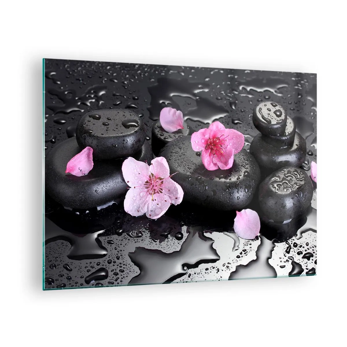 Glastavla - Bild på glas - Spa stenar med blommor på en våt bakgrund - 70x50cm - Så faller en sten från hjärtat - Modern väggdekoration för vardagsrum och sovrum ARTTOR