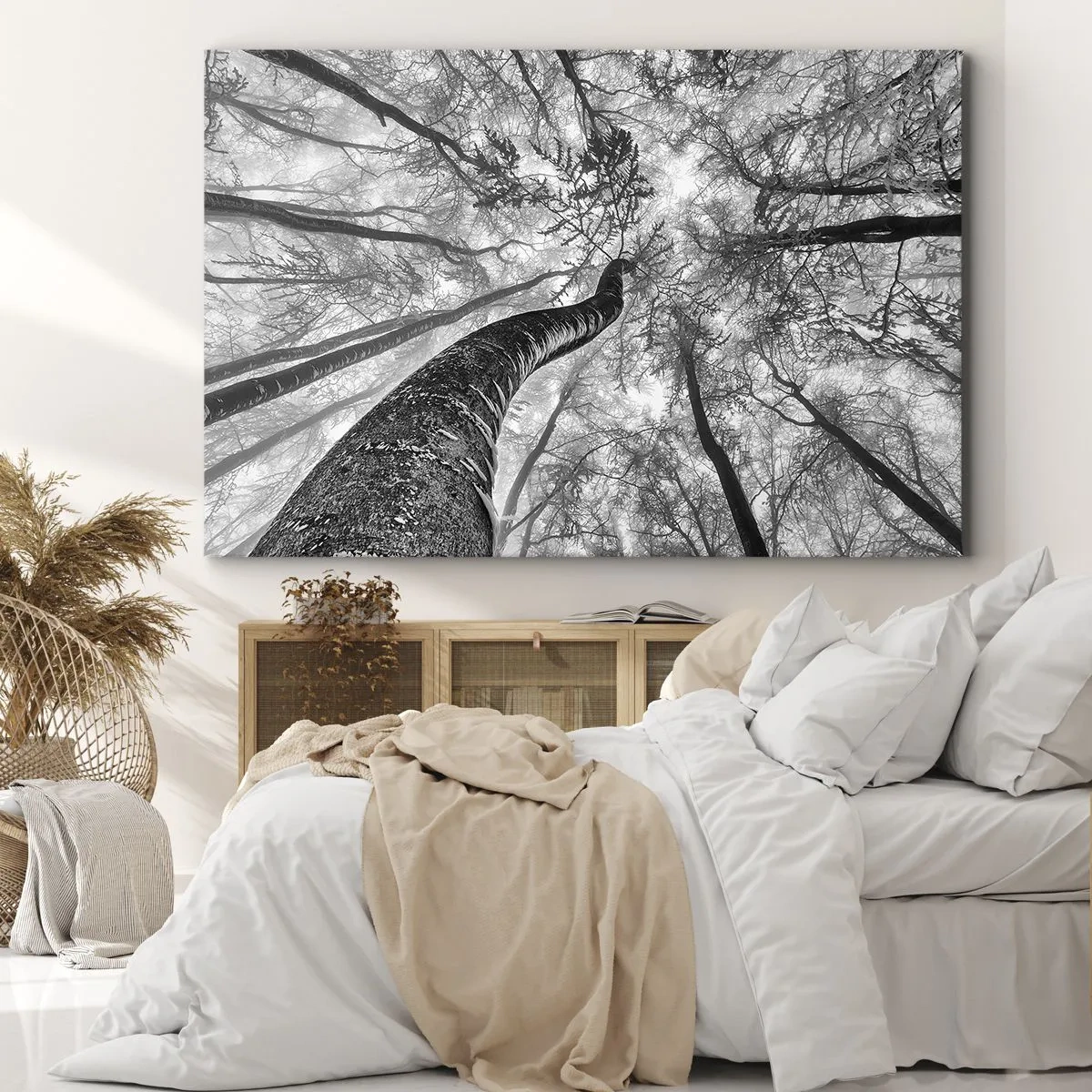 Canvastavla - Bild på duk - Perspektiv av träd i en skog sedd underifrån i grå nyanser - 70x50cm - Kapplöpning mot ljuset - Modern väggdekoration för vardagsrum och sovrum ARTTOR