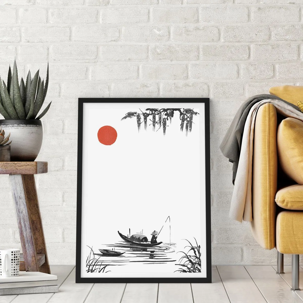 Affisch i svart ram - En minimalistisk målning av en fiskare i en båt med en röd sol. - 50x70cm - Asiatisk eftermiddag - Modern väggdekoration för vardagsrum och sovrum ARTTOR