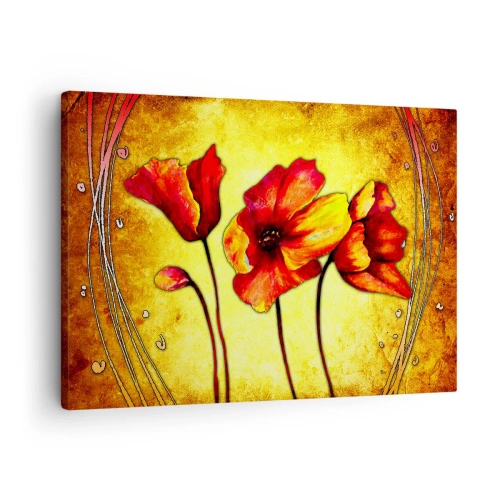 Canvastavla - Bild på duk - Röda och gula blommor på en guldfärgad bakgrund med dekorativa mönster - 70x50cm - Dekoration i Jugendstil - Modern väggdekoration för vardagsrum och sovrum ARTTOR