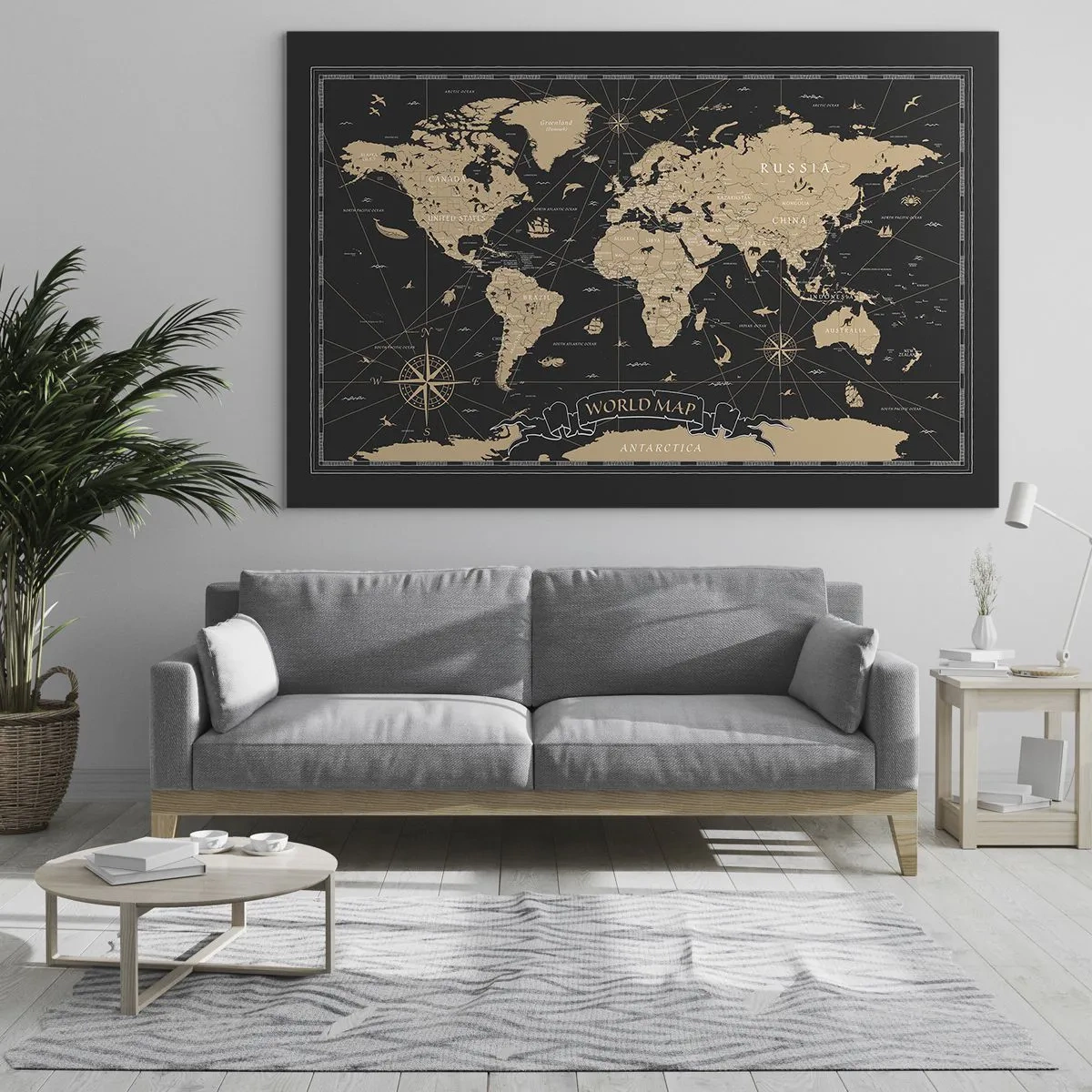 Glastavla - Bild på glas - Stiliserad världskarta i nyanser av beige och svart - 70x50cm - Gränserna för min värld - Modern väggdekoration för vardagsrum och sovrum ARTTOR