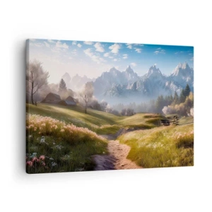 Canvastavla - Bild på duk - En bergsdal med ängar, stugor och utsikt över topparna - 70x50cm - Idyllisk dal - Modern väggdekoration för vardagsrum och sovrum ARTTOR