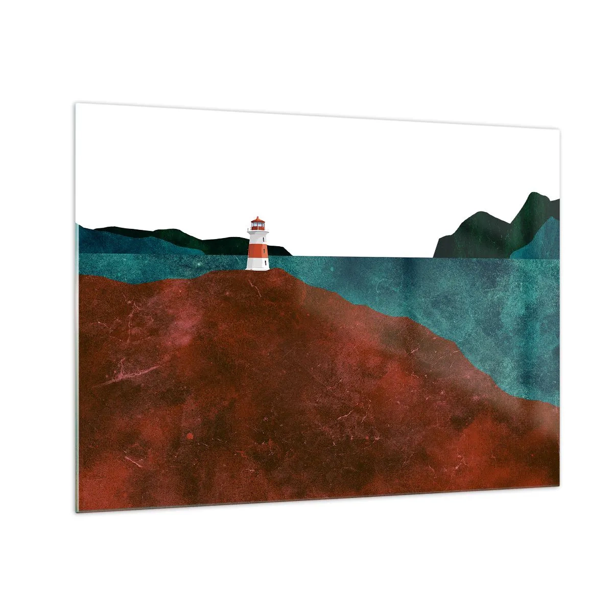 Glastavla - Bild på glas - En fyr mot bakgrund av ett turkost hav och röda klippor - 70x50cm - Med blicken riktad mot havet - Modern väggdekoration för vardagsrum och sovrum ARTTOR