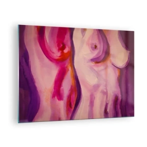 Glastavla - Bild på glas - En konstnärlig tolkning av kvinnliga silhuetter i nyanser av rosa och lila. - 70x50cm - Ode till kvinnlighet - Modern väggdekoration för vardagsrum och sovrum ARTTOR