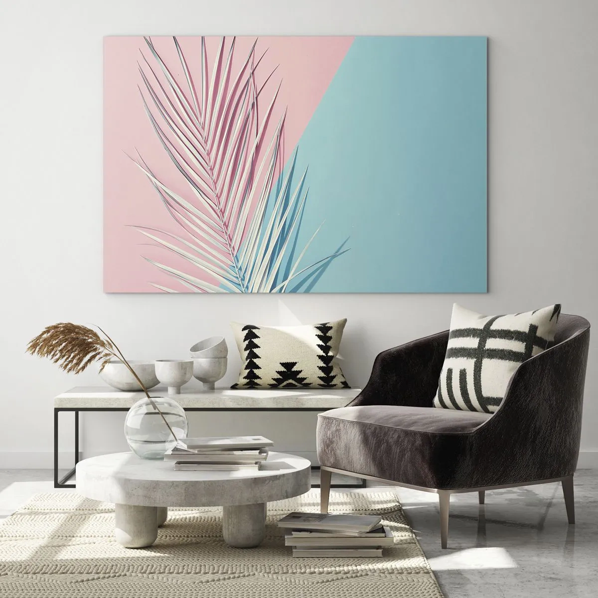 Glastavla - Bild på glas - Ett palmblad på en pastellbakgrund i en geometrisk komposition - 70x50cm - Tropisk impression - Modern väggdekoration för vardagsrum och sovrum ARTTOR