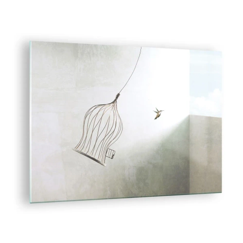 Glastavla - Bild på glas - En öppen bur och en kolibri som flyger iväg i dagsljus - 70x50cm - I sitt esse - Modern väggdekoration för vardagsrum och sovrum ARTTOR