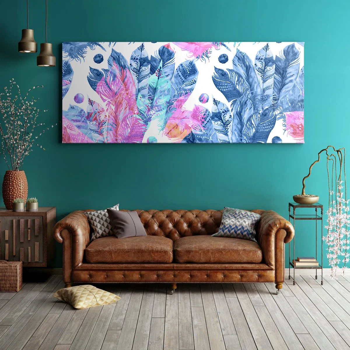 Canvastavla - Bild på duk - Fjädrar i vitt och blått - 100x40 cm