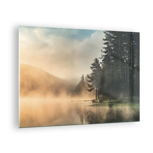 Glastavla - Bild på glas - En dimmig morgon över en skogssjö - 70x50cm - Dagen föds - Modern väggdekoration för vardagsrum och sovrum ARTTOR