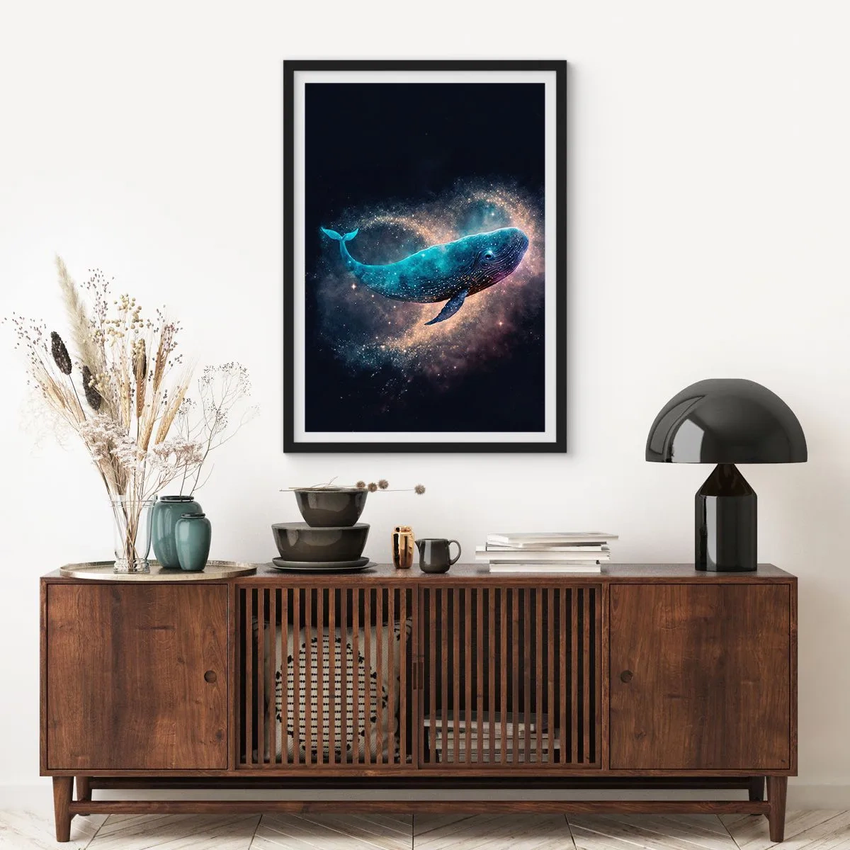 Affisch i svart ram - En rymdval omgiven av en stjärnnebulosa mot en svart bakgrund. - 50x70cm - Det finns en värld... - Modern väggdekoration för vardagsrum och sovrum ARTTOR