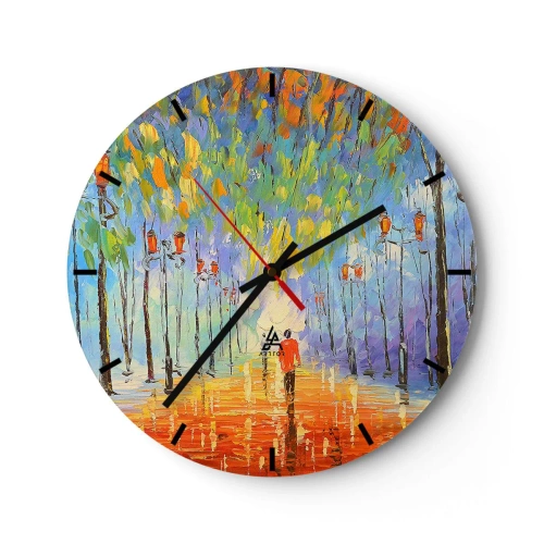 Väggklocka - Klocka på glas - En färgglad allé med träd och en person som går i fjärran - 30x30cm - Regnets nattvisa - Modern väggdekoration för vardagsrum, kök och sovrum ARTTOR