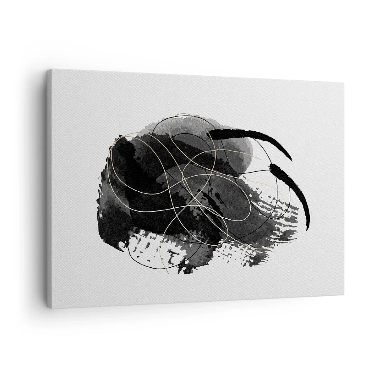 Canvastavla - Bild på duk - Abstraktion i svart och guld på vit bakgrund - 70x50cm - Uppkommen ur svärta - Modern väggdekoration för vardagsrum och sovrum ARTTOR