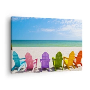 Canvastavla - Bild på duk - Färgglada solstolar på stranden med utsikt över havet - 70x50cm - Regnbågsstrand - Modern väggdekoration för vardagsrum och sovrum ARTTOR