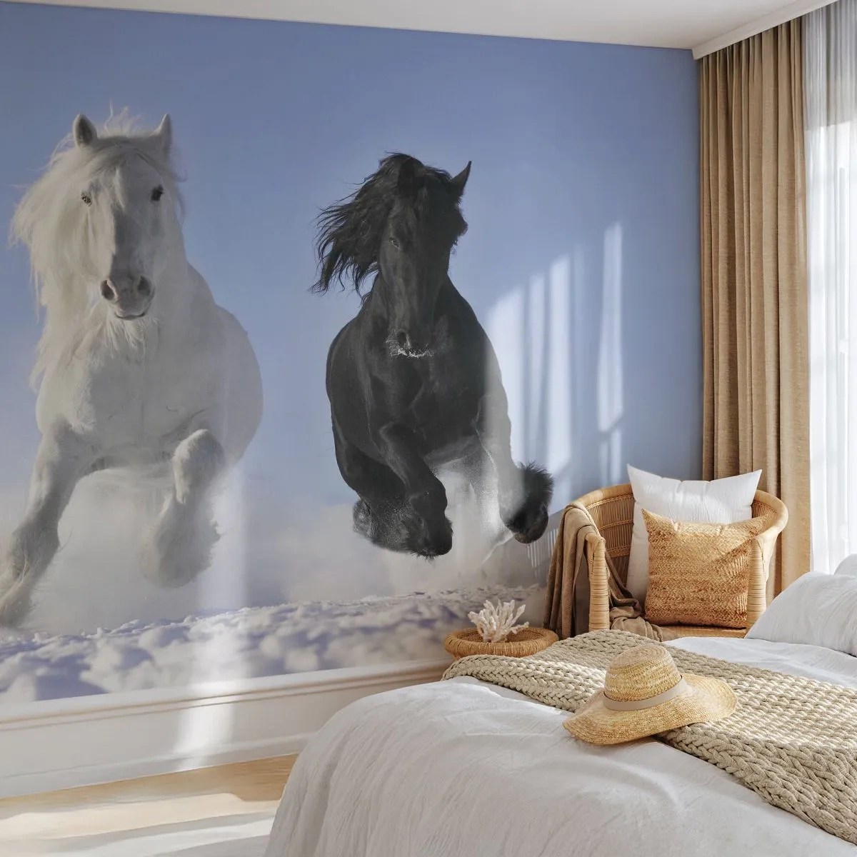 Fototapet Premium Sand - Svart-vit galopp - Djur, Häst, Vinter - 100x70 cm