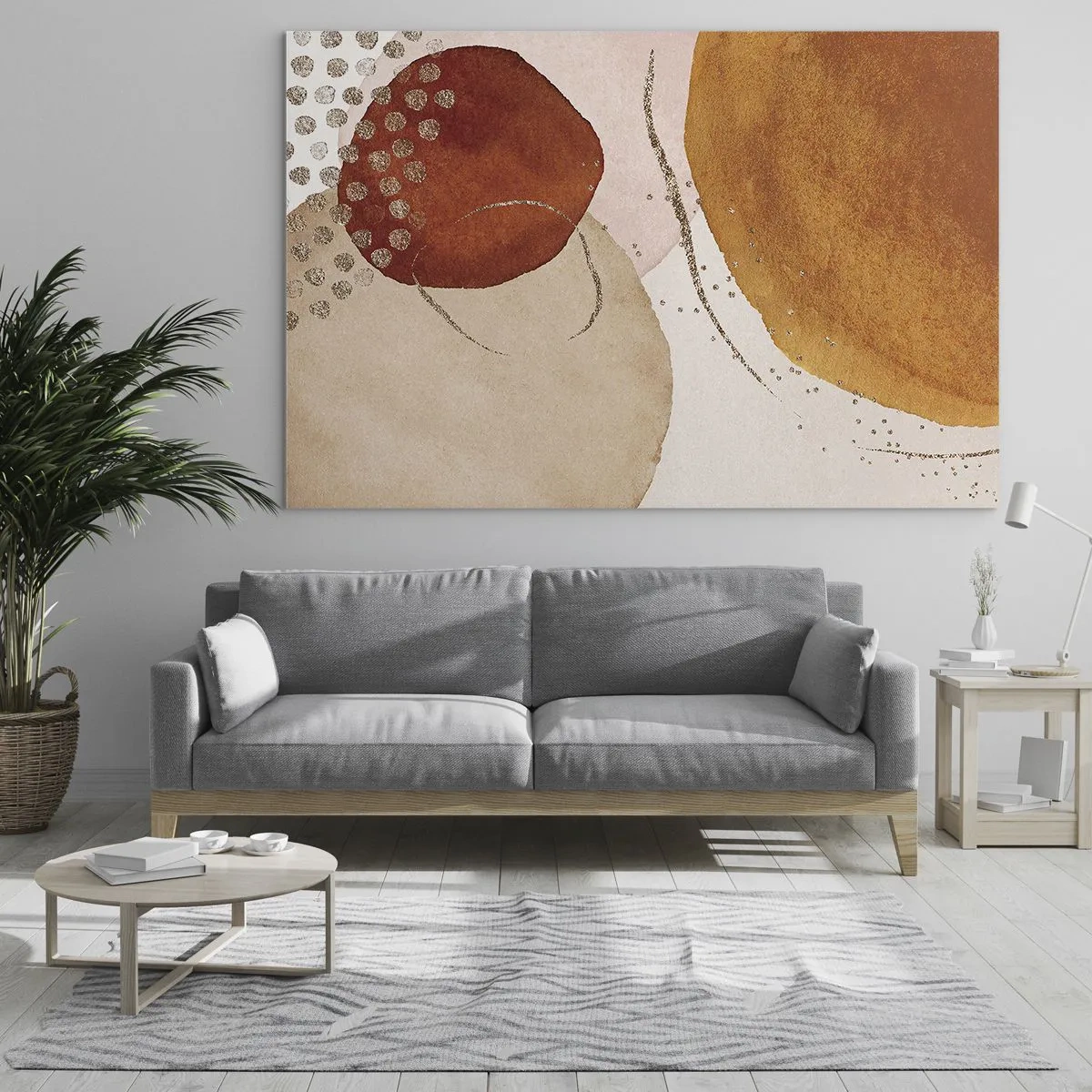 Glastavla - Bild på glas - Abstrakta cirklar i nyanser av beige, koppar och guld - 70x50cm - Rundhet och rörelse - Modern väggdekoration för vardagsrum och sovrum ARTTOR