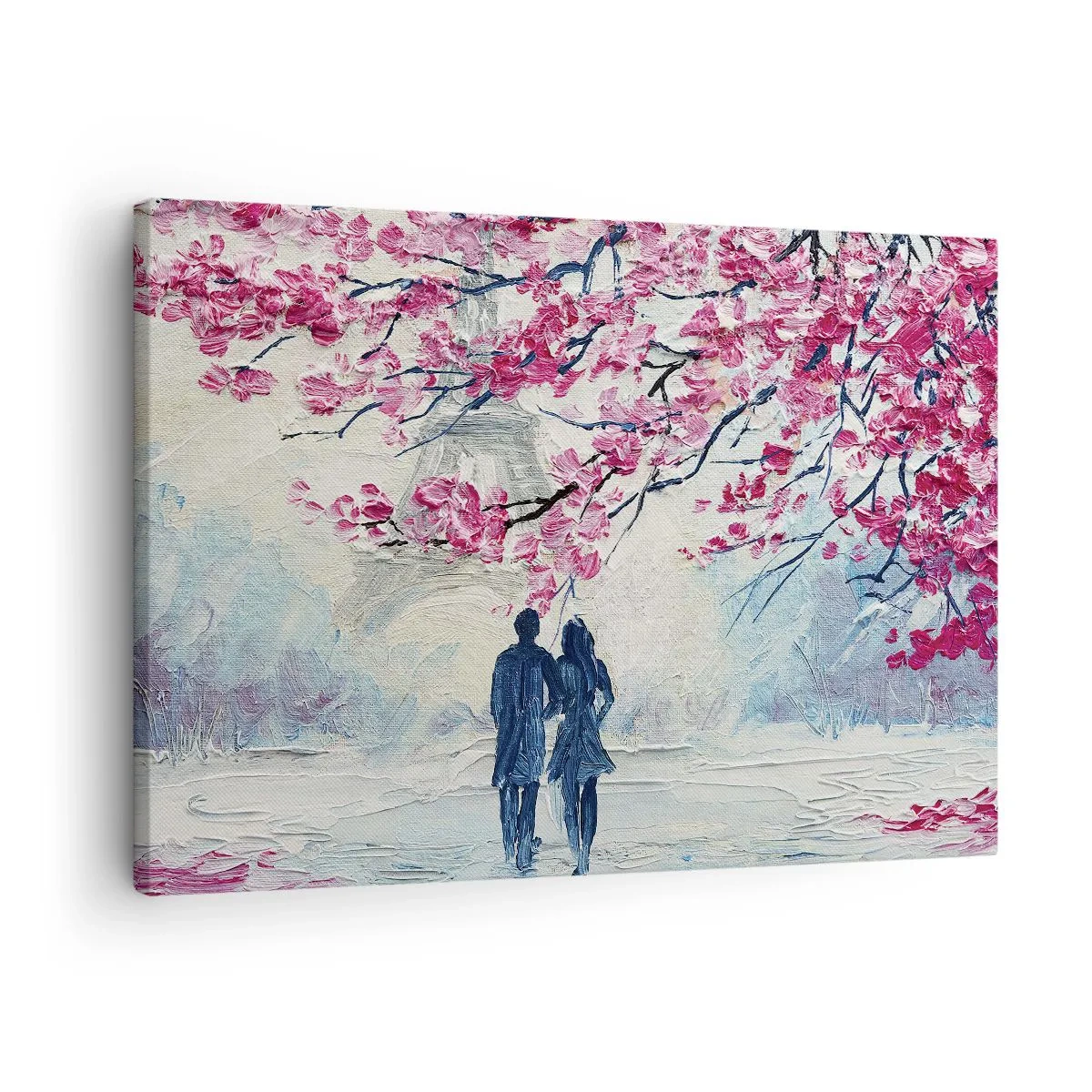 Canvastavla - Bild på duk - Ett par under blommande rosa träd i en romantisk miljö - 70x50cm - Romantisk promenad - Modern väggdekoration för vardagsrum och sovrum ARTTOR