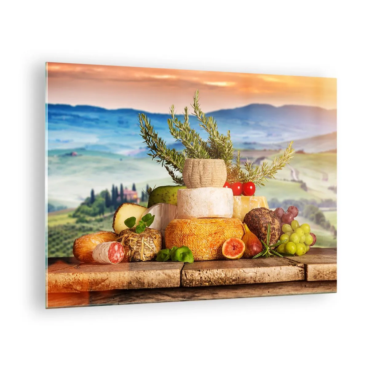 Glastavla - Bild på glas - En komposition av ostar och frukter mot bakgrund av det toskanska landskapet - 70x50cm - Italiensk livsglädje - Modern väggdekoration för vardagsrum och sovrum ARTTOR